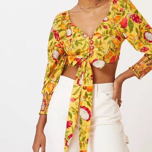 Farm Rio Anthropologie  Deep-V Tie-Waist Top - Picture 1 of 15